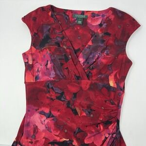 Lauren Ralph Lauren Red V-Neck Ruched Sheath Dress Sz 4 Stretchy Romantic Floral